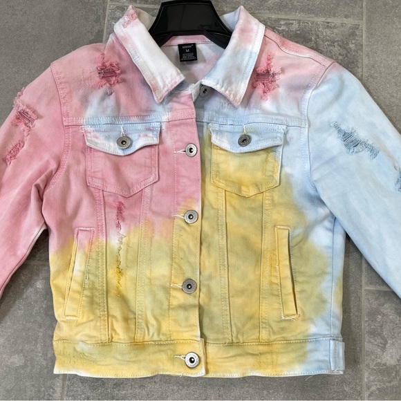 Redfox spring Rainbow Tie Dye Casual Denim Jacket - Picture 4 of 7